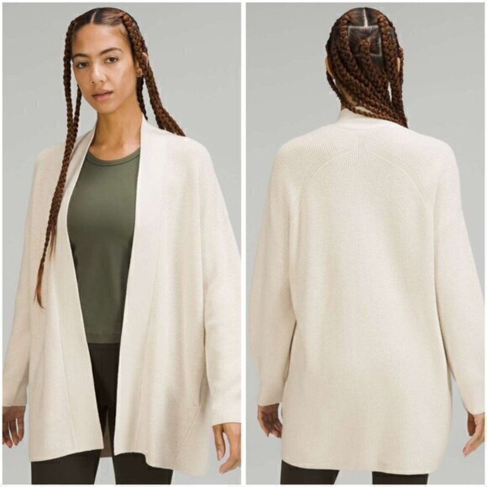Lululemon Merino Wool-Blend Ribbed Long Wrap Sweater in White Opal Size 6
